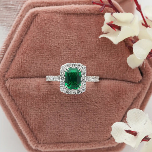 Green Emerald Cut Halo With Accent Diamond Engagement Ring