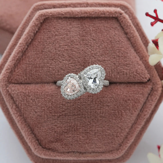 Two Stone Fancy Pink Heart Cut Halo Diamond Engagement Ring