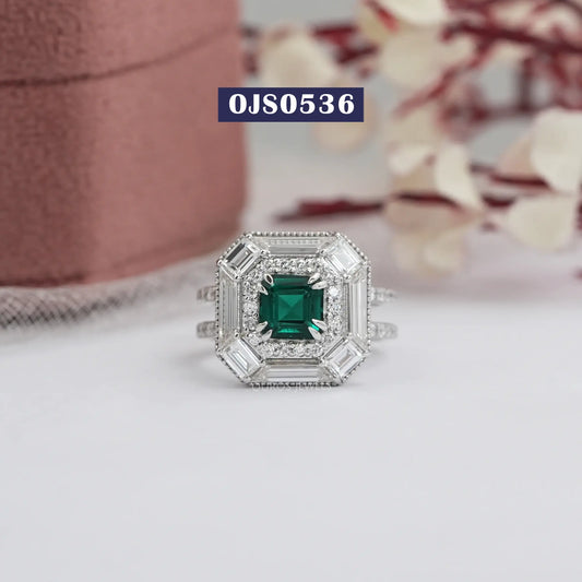 Green Asscher Cut Double Halo Engagement Ring