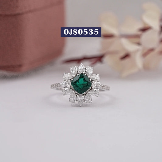 Green Cushion Cut Halo With Accent Ring