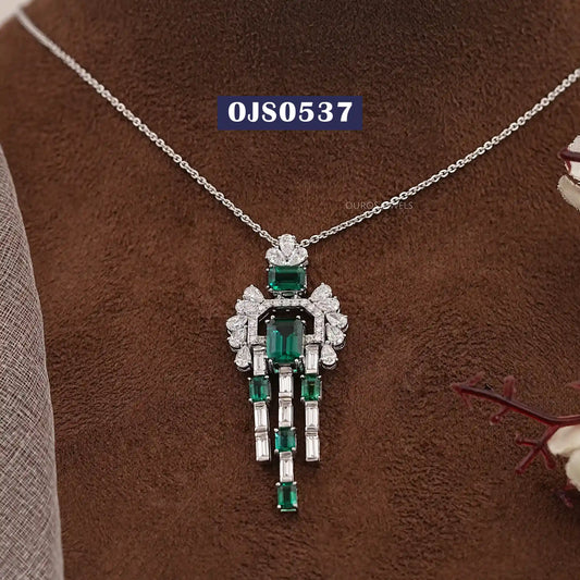 Green Emerald And Baguette Cut Lab Diamond Pendant