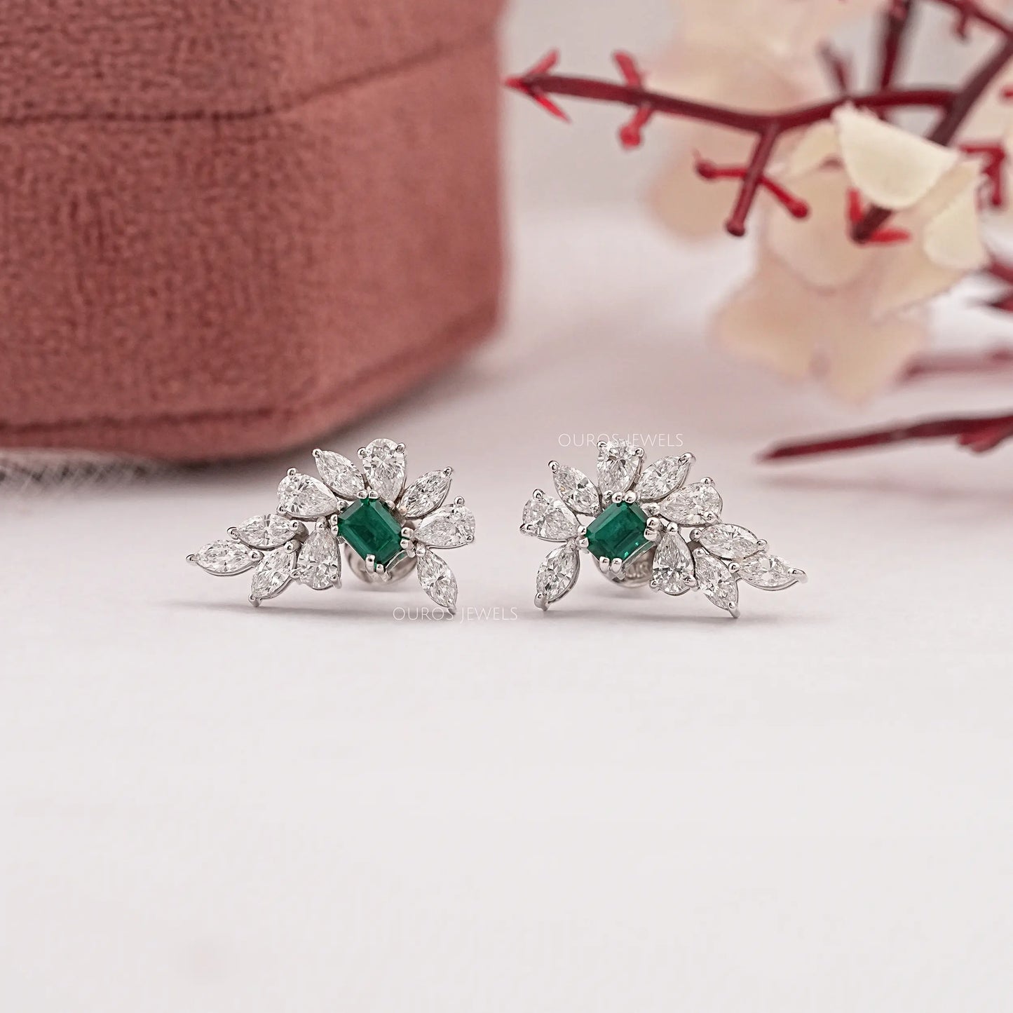 Green Emerald Cut Cluster Lab Diamond Earring