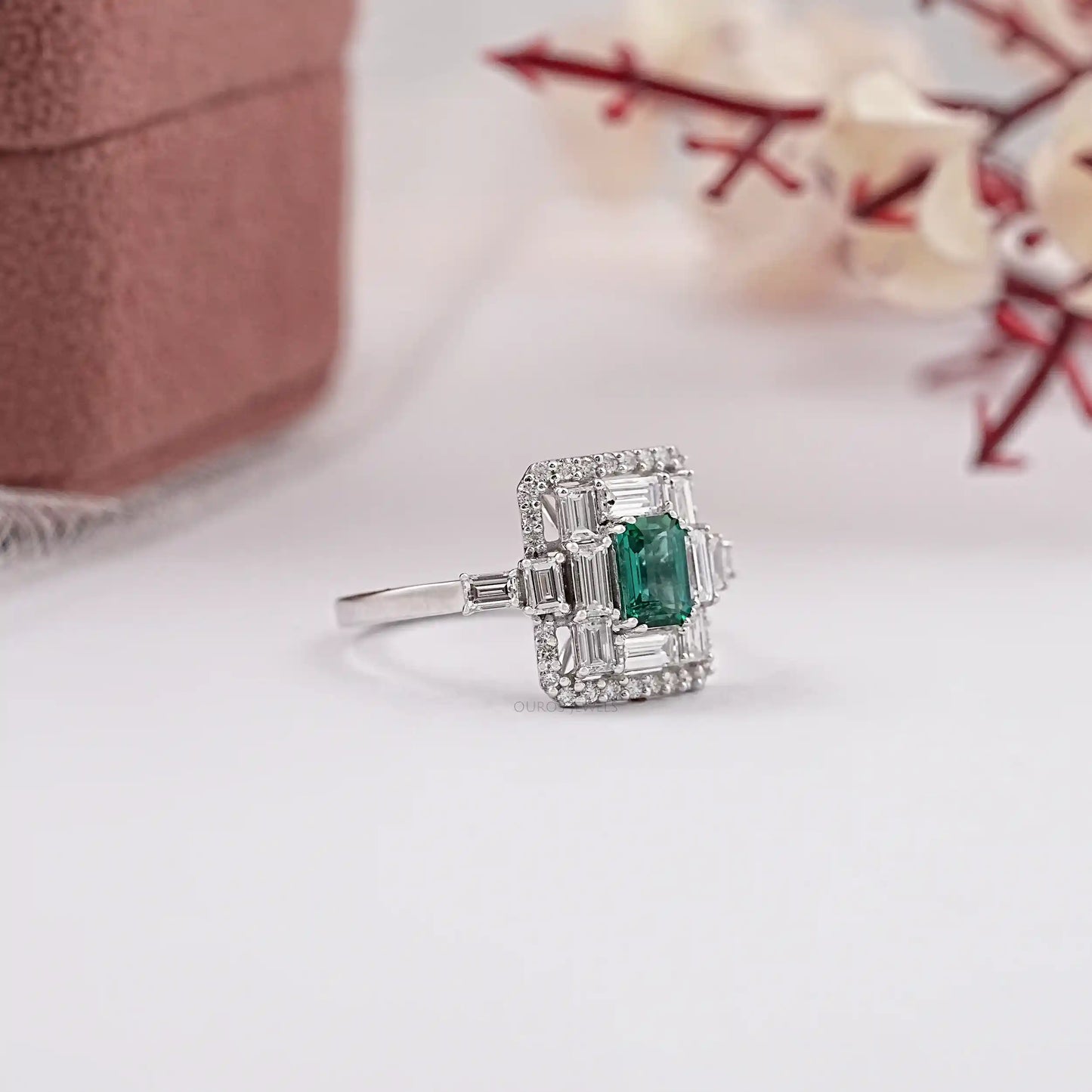 Green Emerald Cut Double Halo Lab Diamond Ring