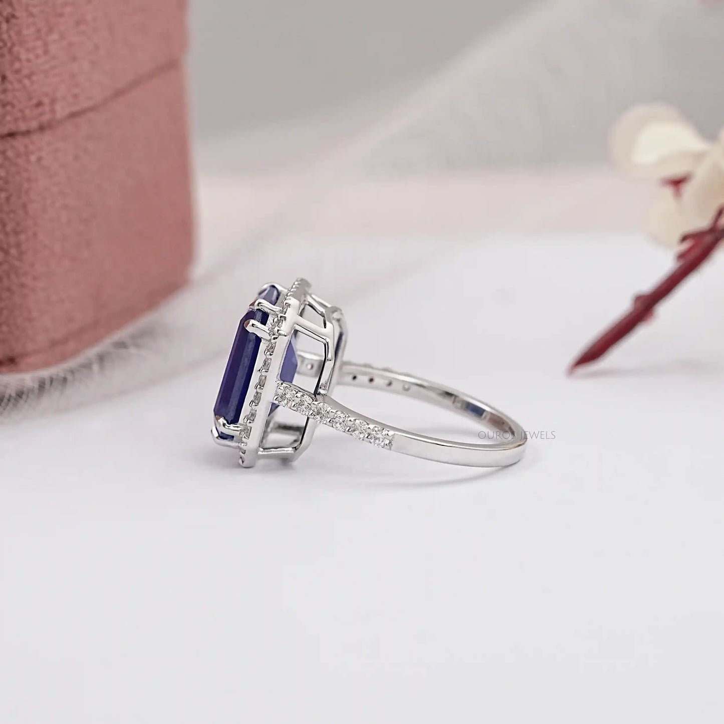 Blue Emerald Cut Halo With Accent Diamond Ring