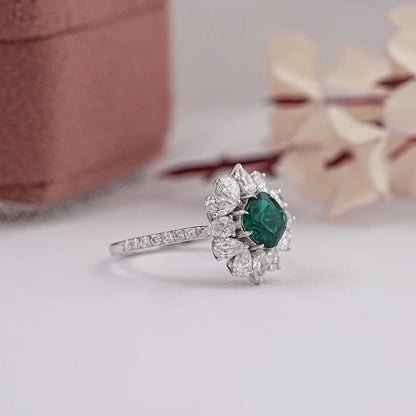Green Cushion Cut Halo With Accent Ring