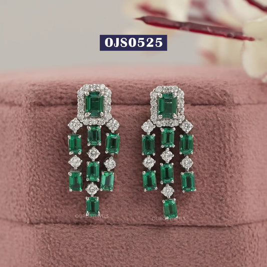 Green Emerald Cut Halo Diamond Chandelier Earrings
