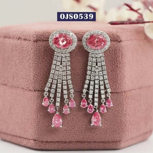 Pink Oval Cut Halo Diamond Chandelier Bridal Earring