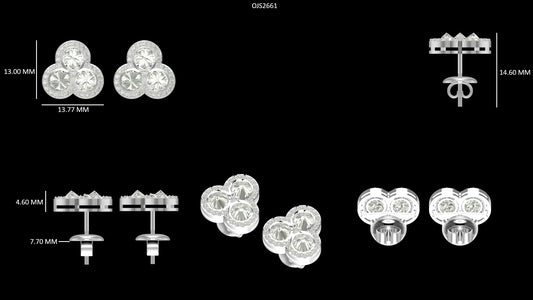 Three Stone Rose Cut Round Halo Stud Earrings