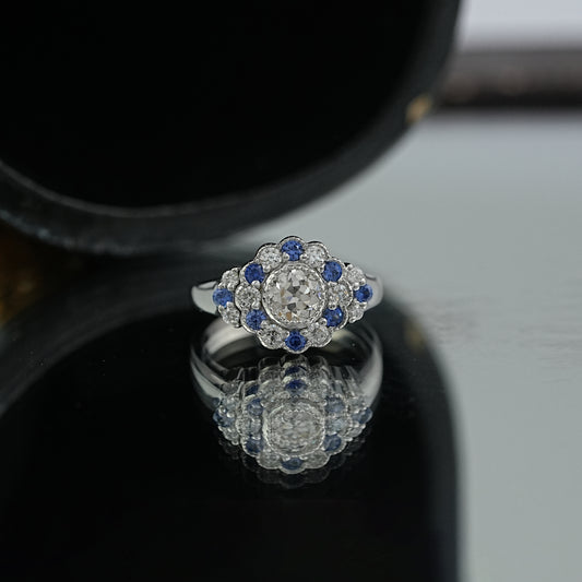 Old European Round Cut Sapphire Floral Ring