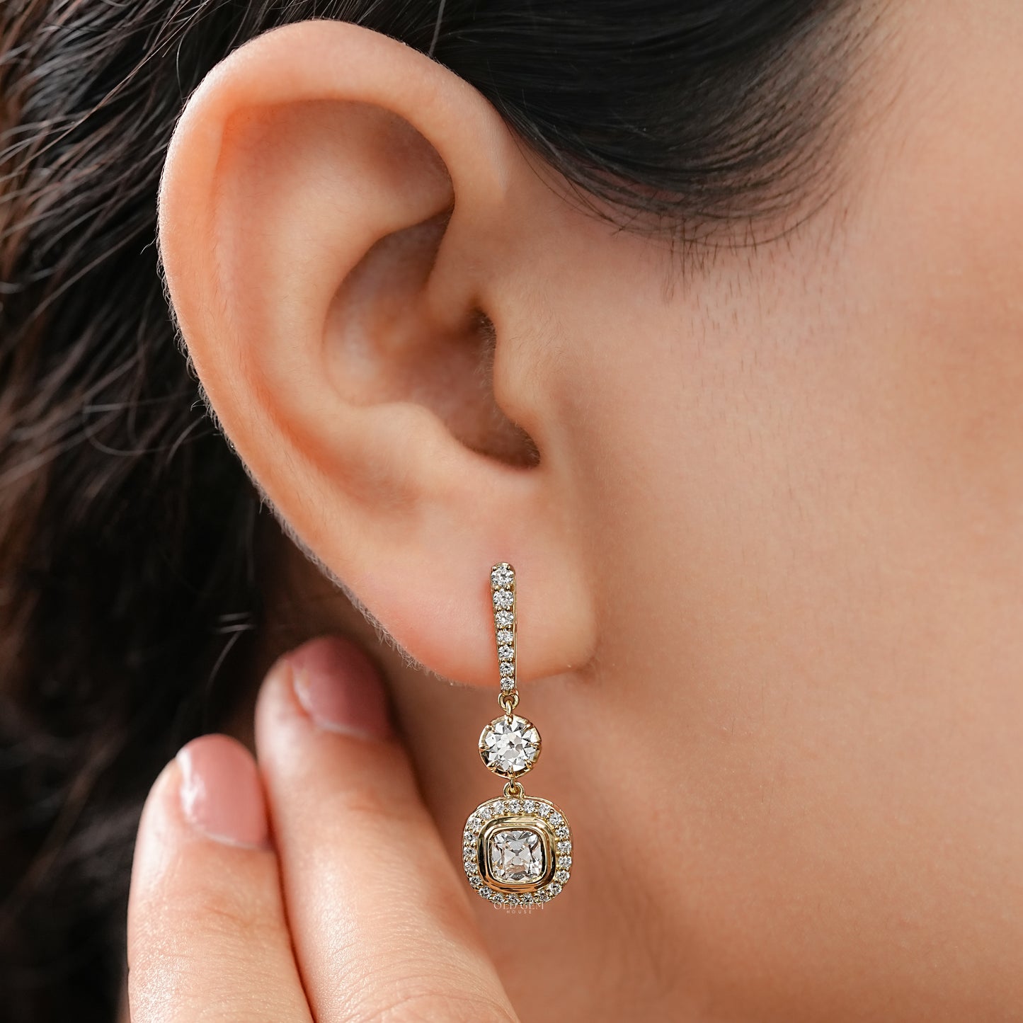 Old Mine Cushion Cut Bezel Set Drop Earrings