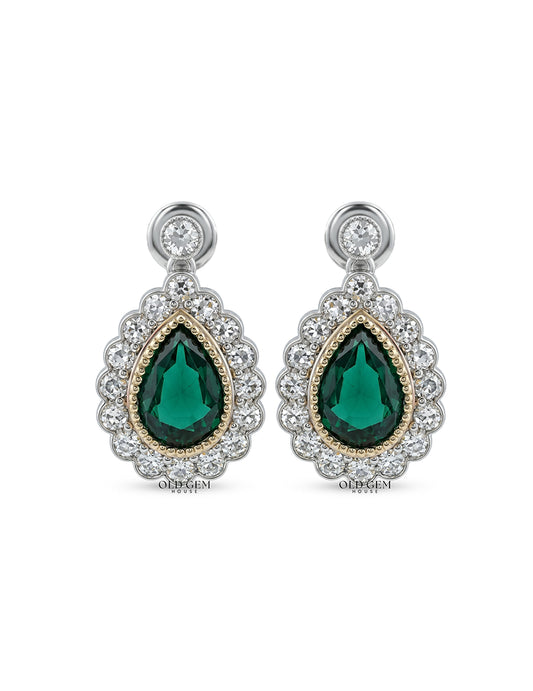 Green Pear Gemstone Halo Drop Earrings
