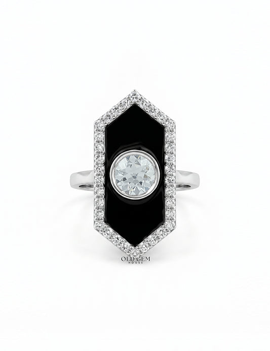 Old European Round Cut Black Enamel Halo Ring