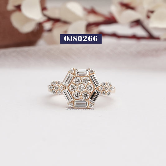 Round Flower Octagon Shape Baguette Cut Halo Lab Diamond Ring