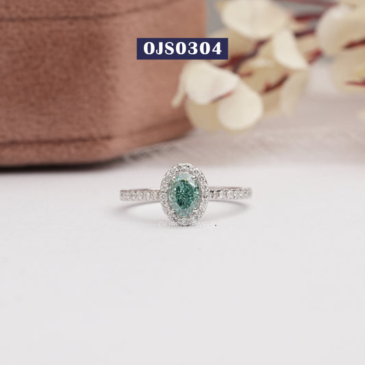 Green  Oval  Cut Halo With  Accent  Diamond  Ring