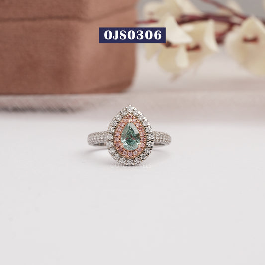 Green  Pear Cut  Double  Halo  Ring