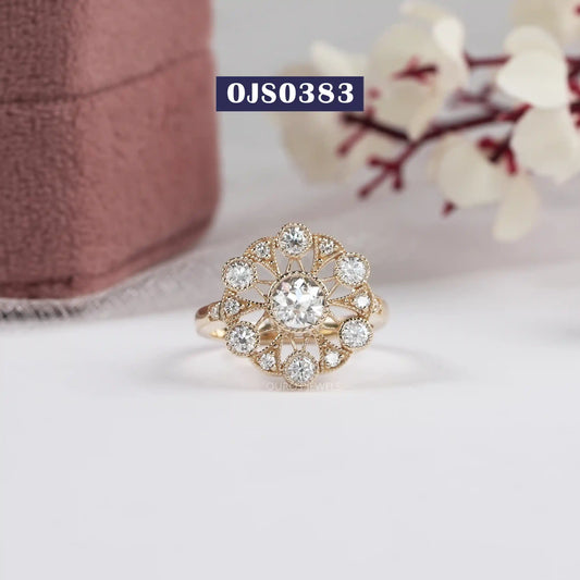Old European Round Lab Diamond Flower Shape Ring