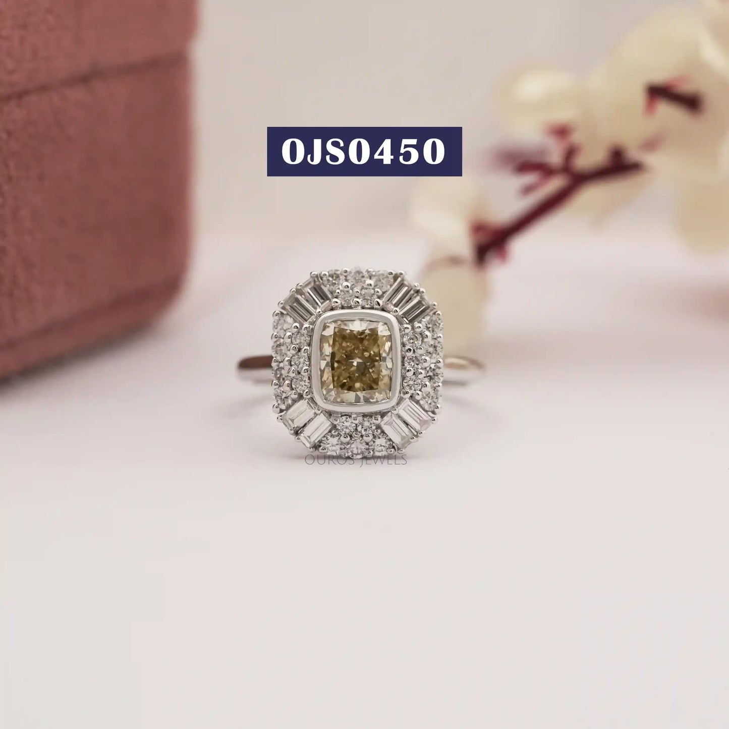 Yellow Cushion  Cut  Baguette Halo  Engagement  Ring