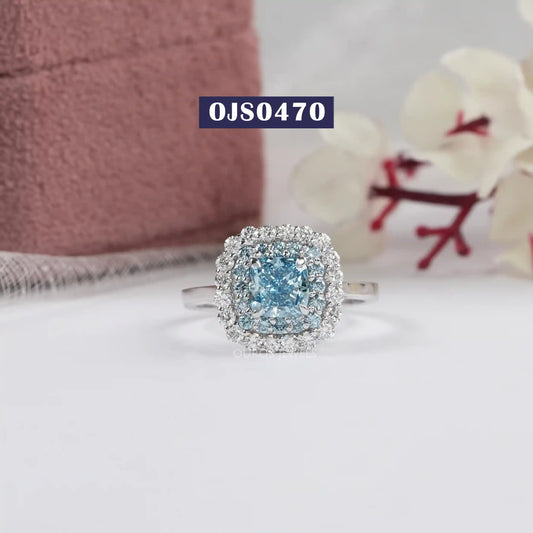 Double  Halo  Blue Cushion Cut Lab Diamond  Engagement  Ring