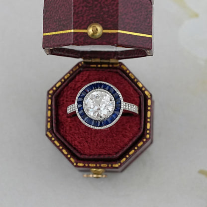 OEC Round Lab Diamond And Sapphire Gemstone Halo Ring