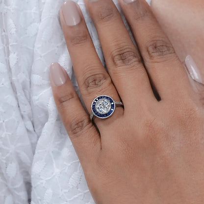 OEC Round Lab Diamond And Sapphire Gemstone Halo Ring