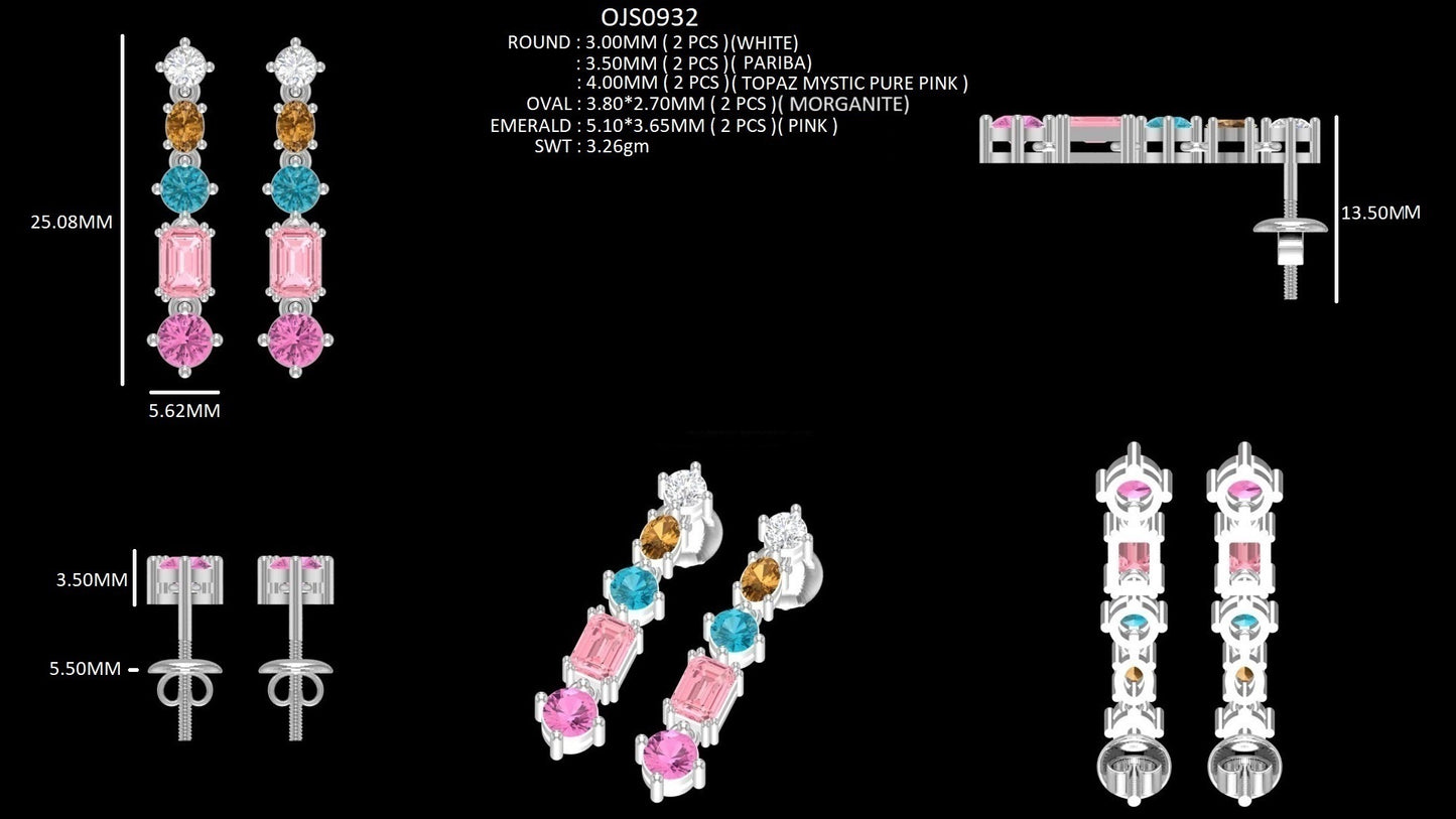 Multi Shape Gemstone Diamond Dangle Earrings