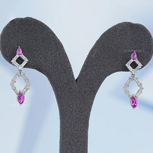 Pink Gemstone And Diamond Drop Dangle Earrings