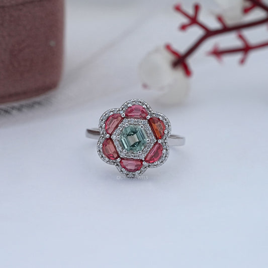 Hexagon Gemstone Floral Diamond Ring