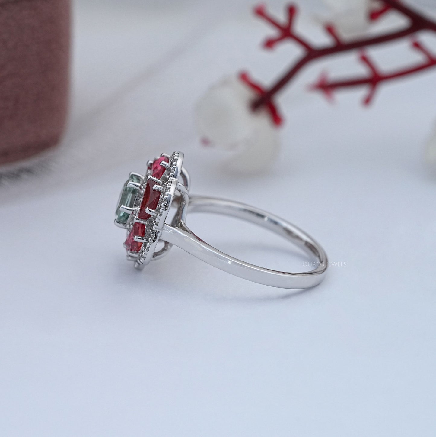 Hexagon Gemstone Floral Diamond Ring