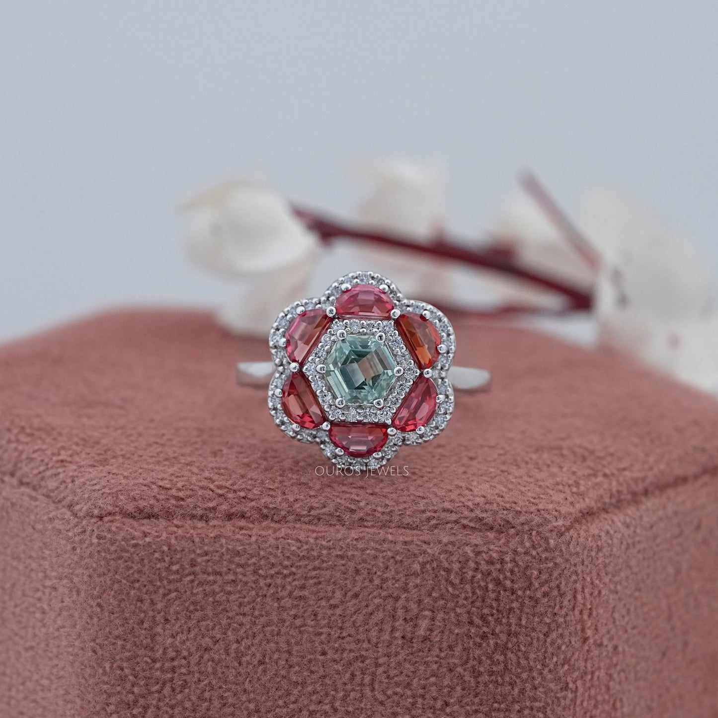 Hexagon Gemstone Floral Diamond Ring
