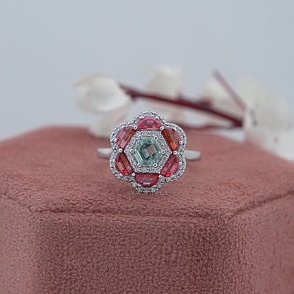 Hexagon Gemstone Floral Diamond Ring