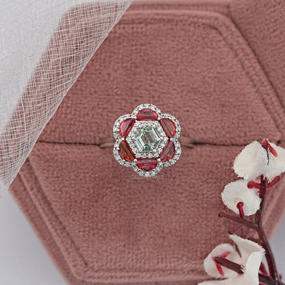 Hexagon Gemstone Floral Diamond Ring