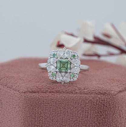 Green Asscher Cut Lab Diamond Cluster Set Ring