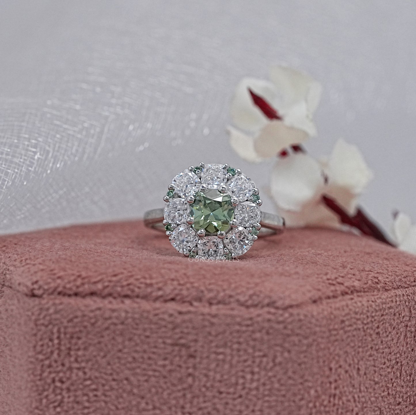 Green Cushion Cut Lab Diamond Halo Ring