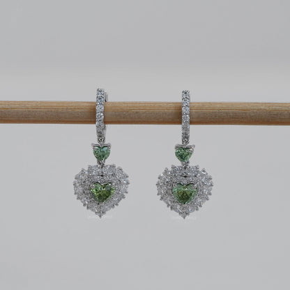 Green Heart Diamond Halo Set Dangle Earring