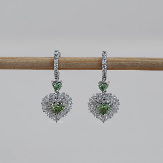 Green Heart Diamond Halo Set Dangle Earring