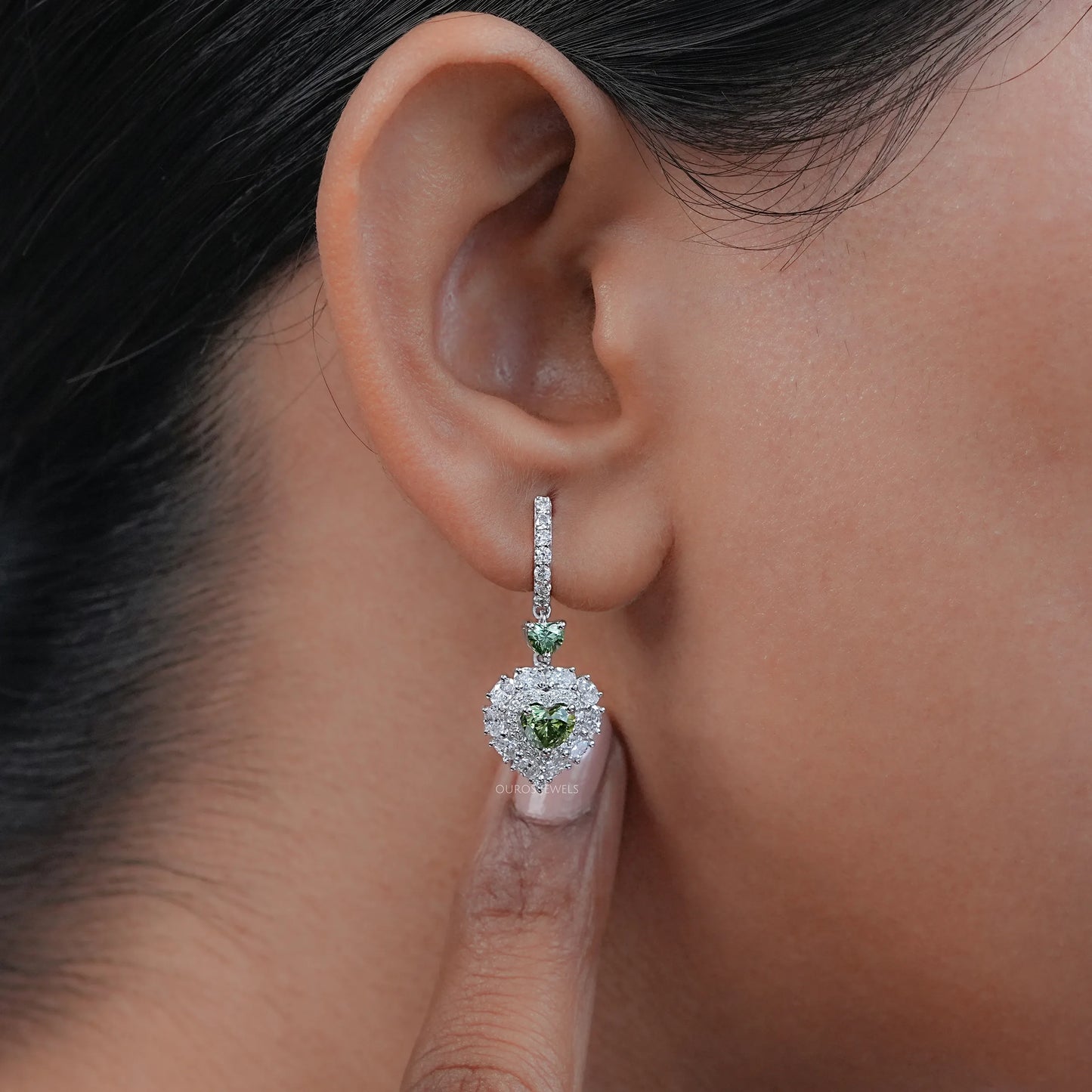 Green Heart Diamond Halo Set Dangle Earring