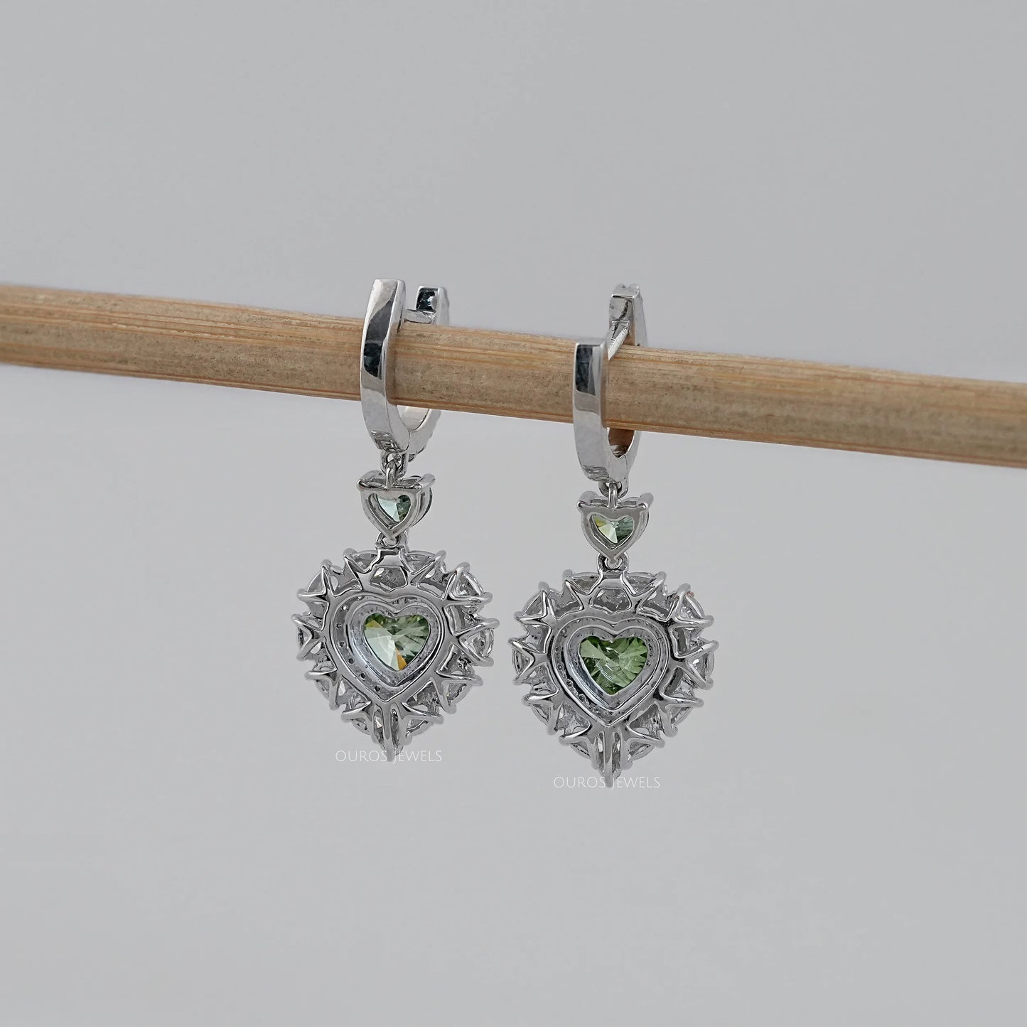 Green Heart Diamond Halo Set Dangle Earring