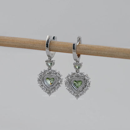 Green Heart Diamond Halo Set Dangle Earring