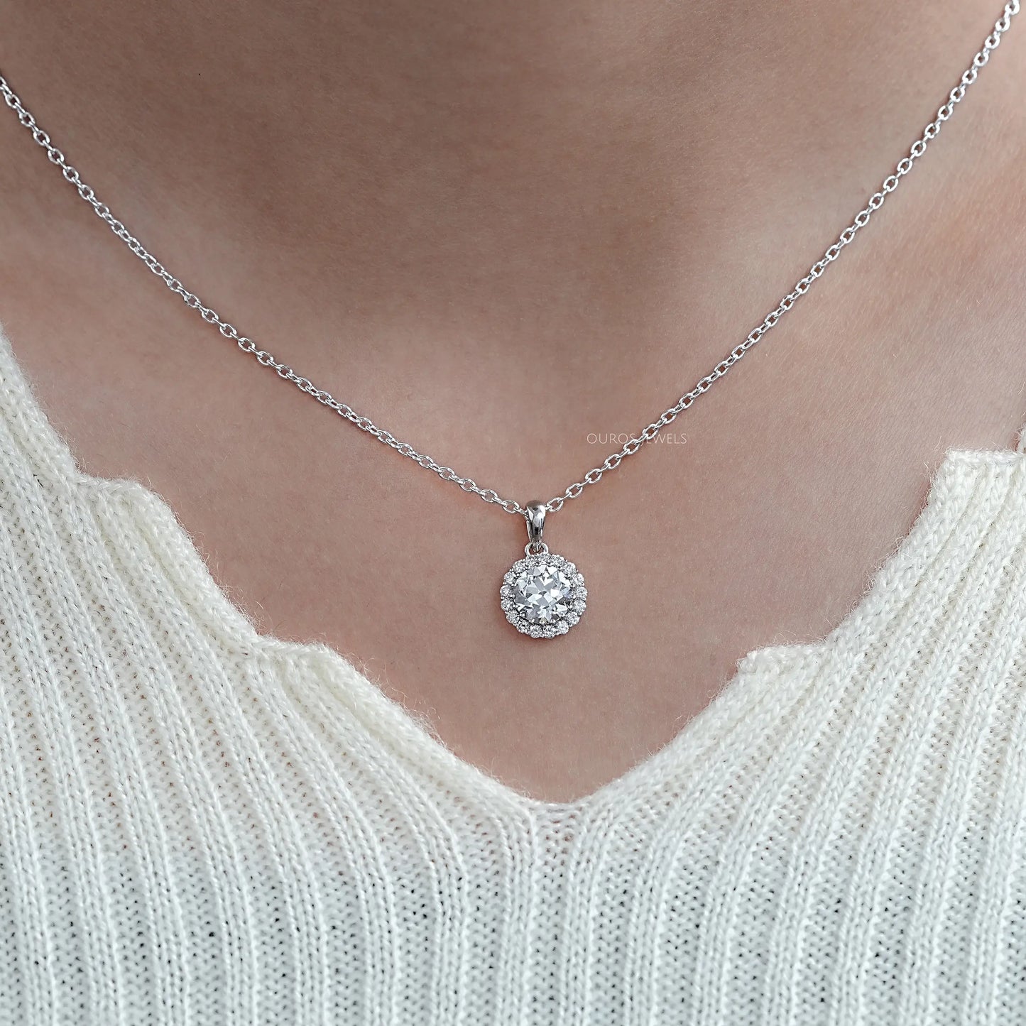 Old European Round Lab Diamond Halo Pendant