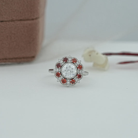 Old European Round Cut And Red Gemstone Halo Cluster Ring