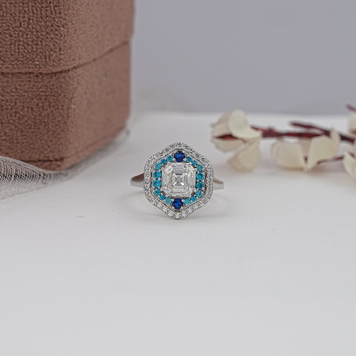 Old Mine Asscher Cut Lab Diamond Double Halo Ring