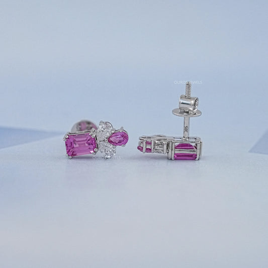Pink Emerald Cut Gemstone Stud