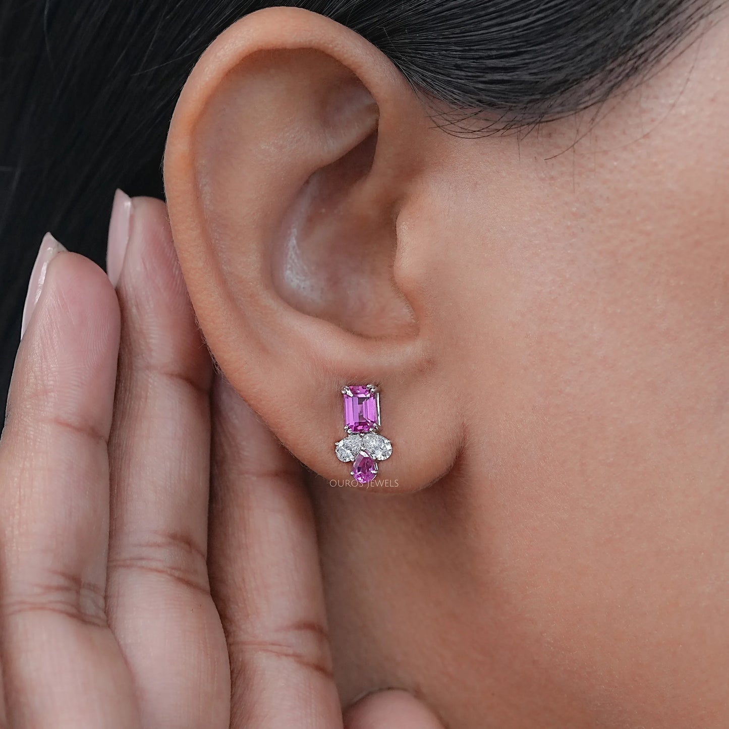 Pink Emerald Cut Gemstone Stud