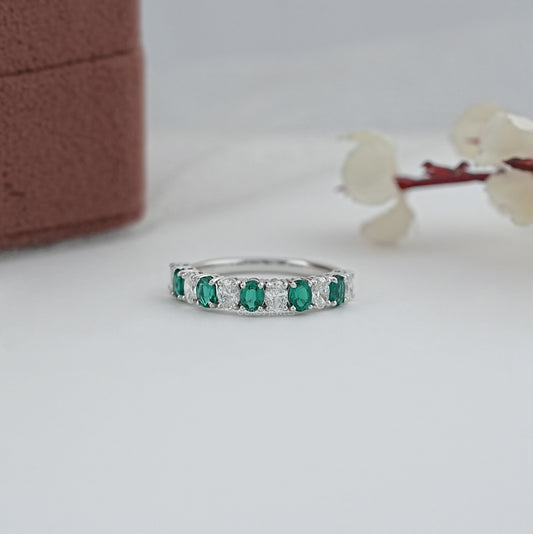 Alternate Green Emerald & White Diamond Half Eternity Wedding Band