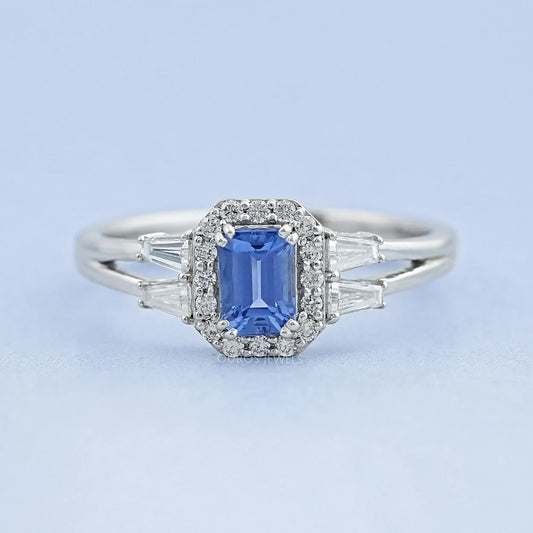 Blue Emerald Diamond Split Shank Ring
