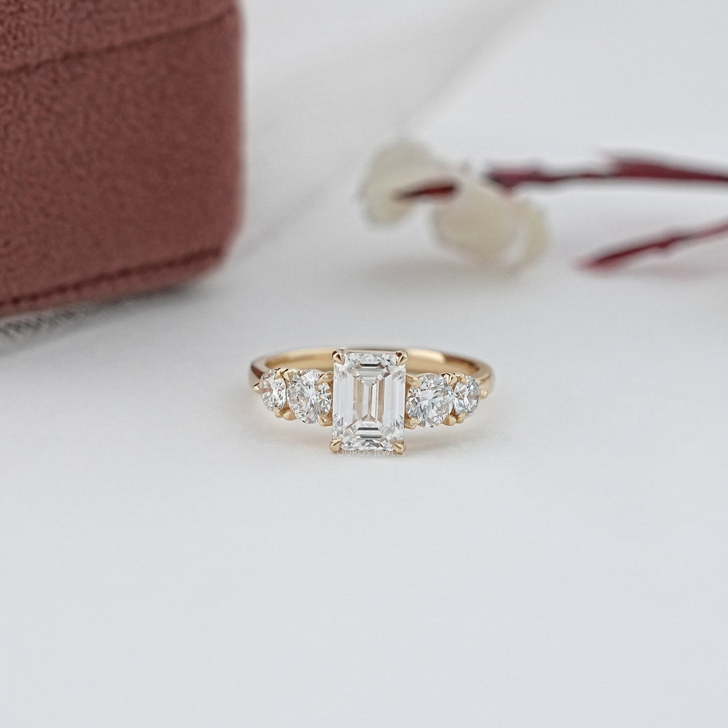 Five Stone Emerald & Round Cut Diamond Ring