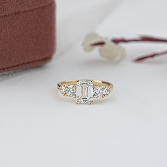 Five Stone Emerald & Round Cut Diamond Ring