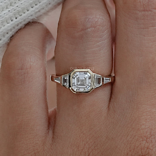 Bezel Set Asscher And Trapezoid Diamond Engagement Ring
