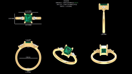 Green Emerald Gemstone 3 Stone Ring