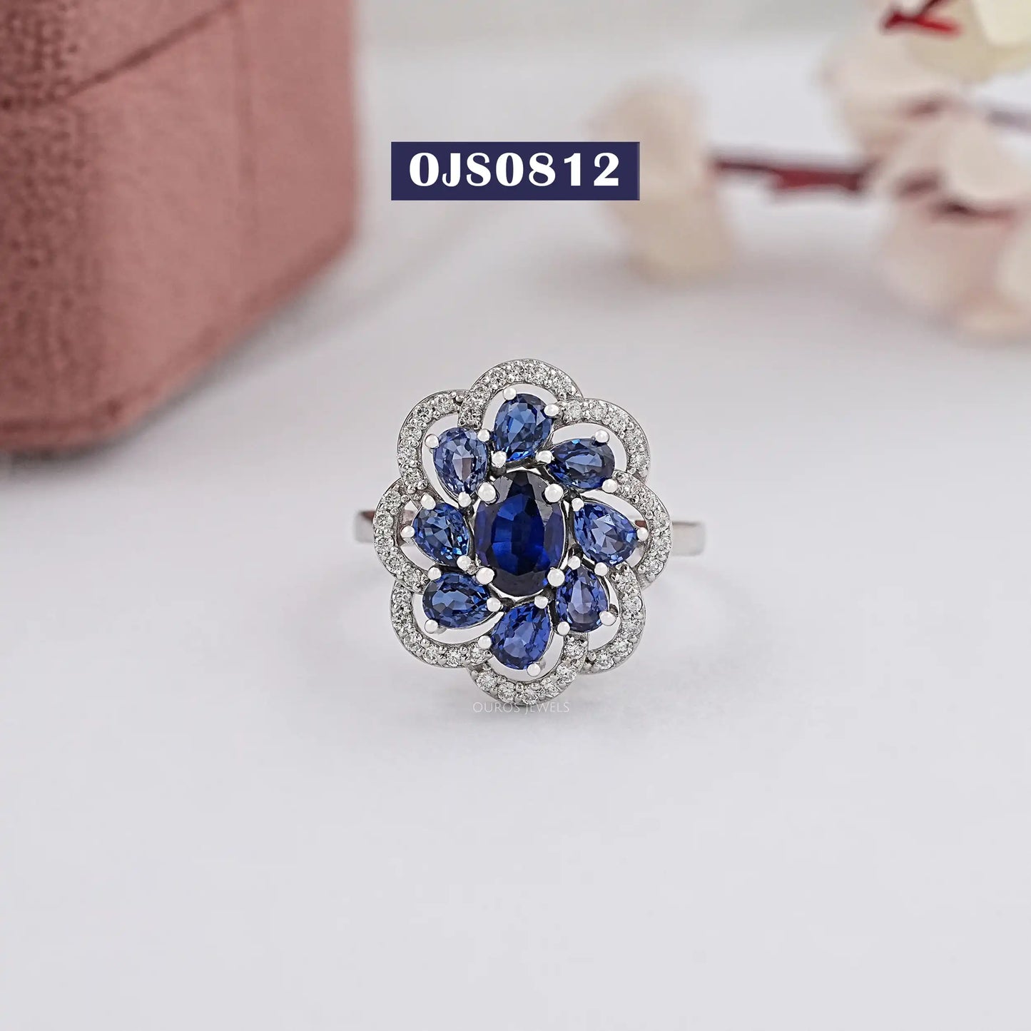Oval Cut Blue Lab Gemstone Halo Diamond Ring